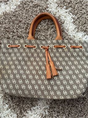 Dooney and Bourke Brown Monogram Canvas Tote with Tan Leather Trim